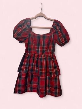 Copper Key Red Plaid Puff-Sleeve Tiered Dress